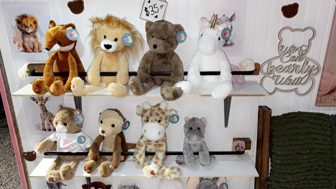Shelves of plush lions, foxes, bears and unicorns, each tagged for a heartbeat recorder.